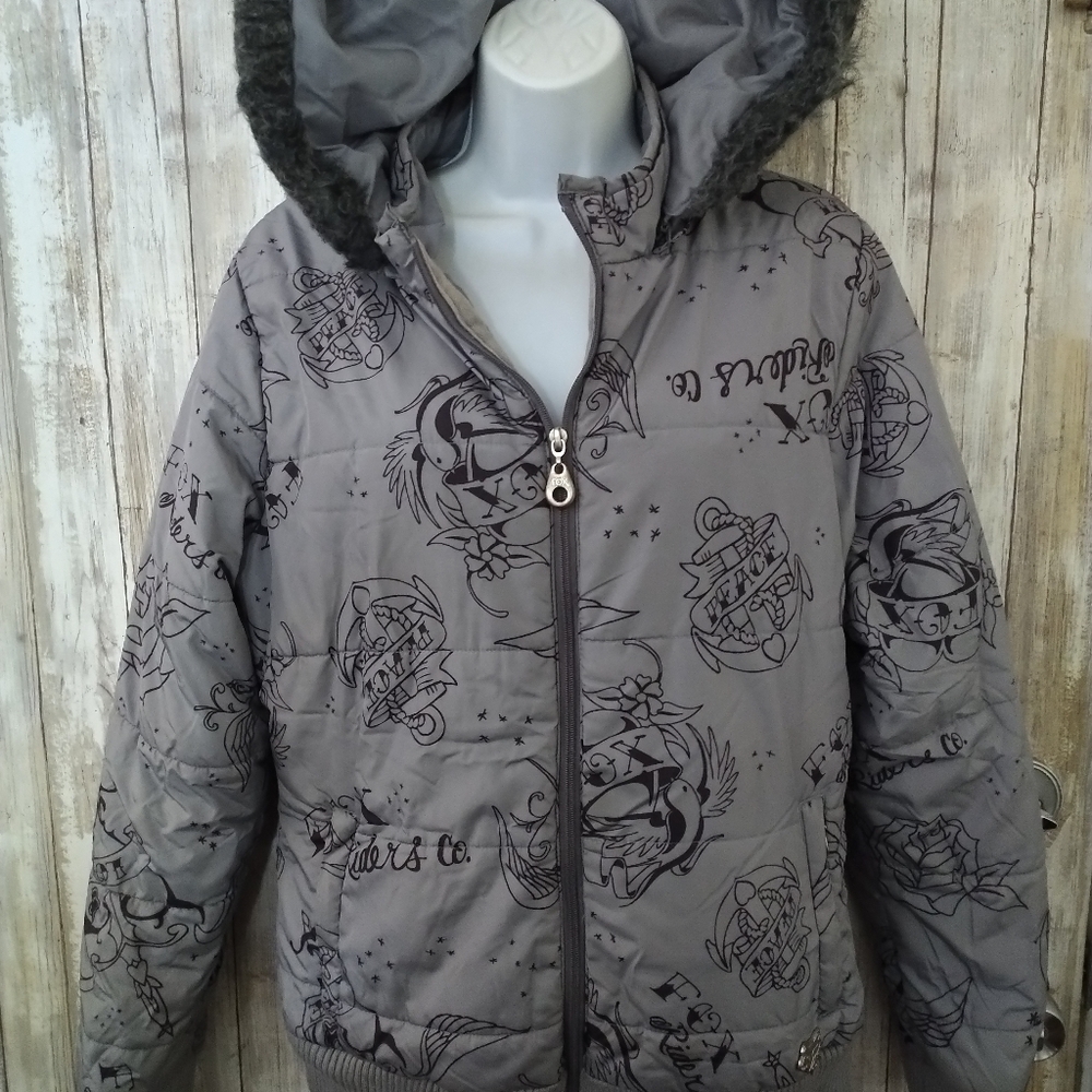 FOX ZIP UP JACKET WITH ZIPPERED POCKETS & REMOVABLE FUR HOOD IN WOMENS XL HTF